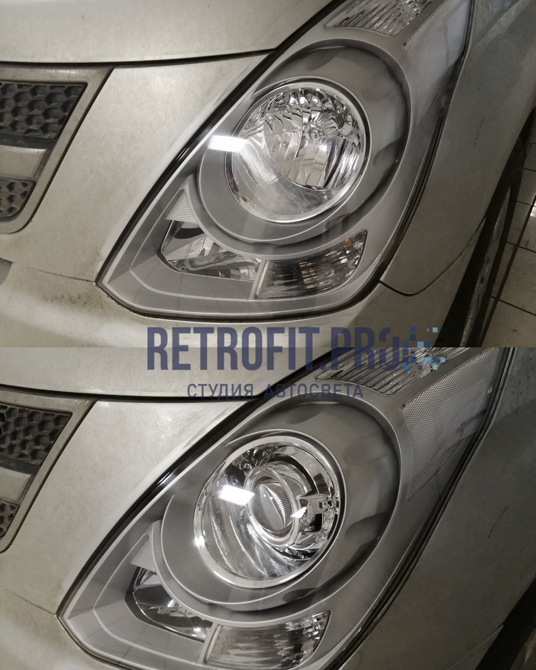 Hyundai Grand Starex I (2007-2018) - установка bi-led линз + led лампы ДХО-поворот